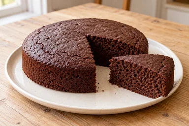 Gâteau au chocolat végétalien maison, une part coupée montrant la texture intérieure
