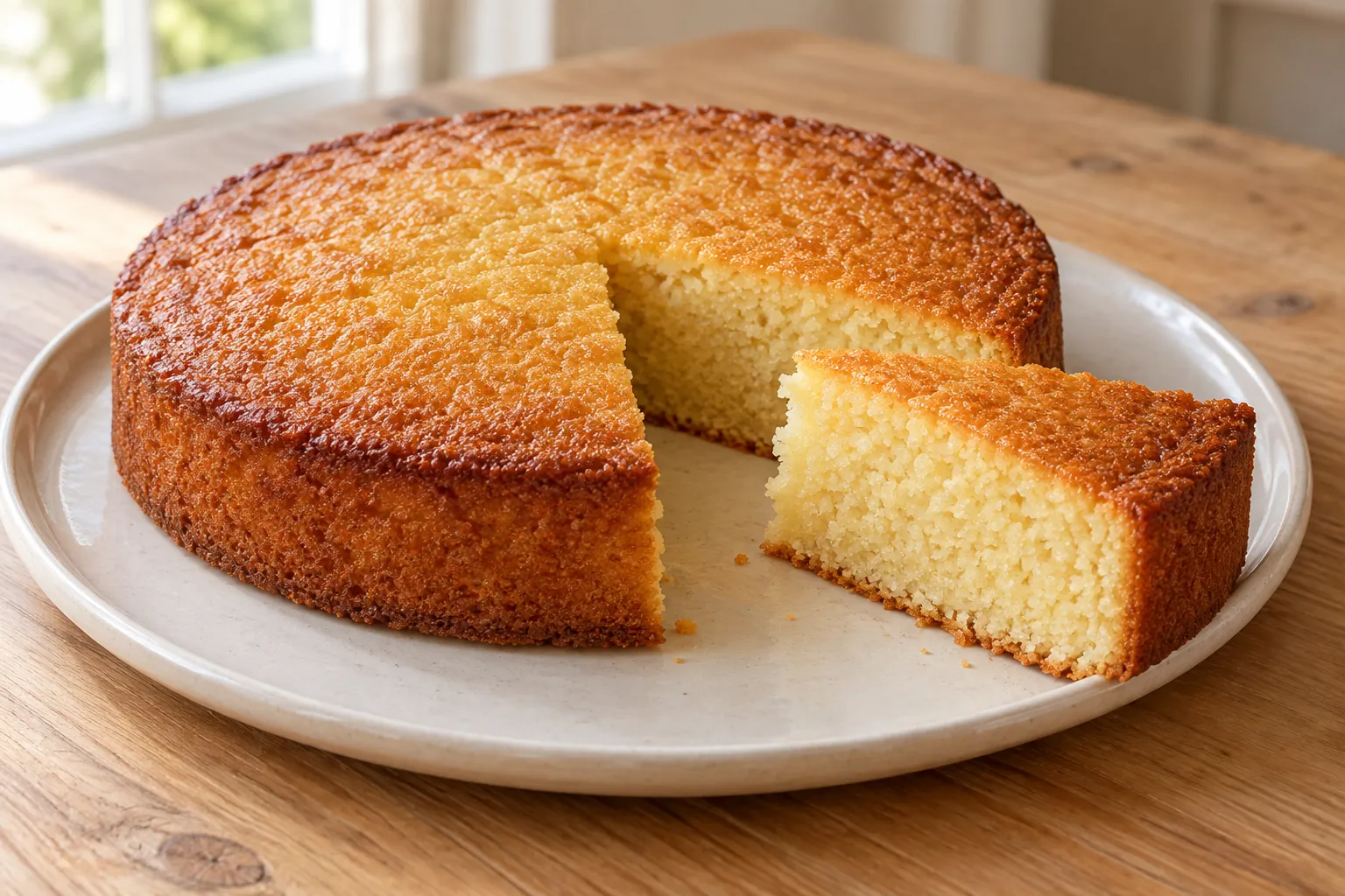 Gâteau aux amandes à la fécule de maïs maison, une part coupée montrant la texture intérieure
