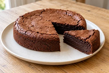Gâteau chocolat sans farine maison, une part coupée montrant la texture intérieure