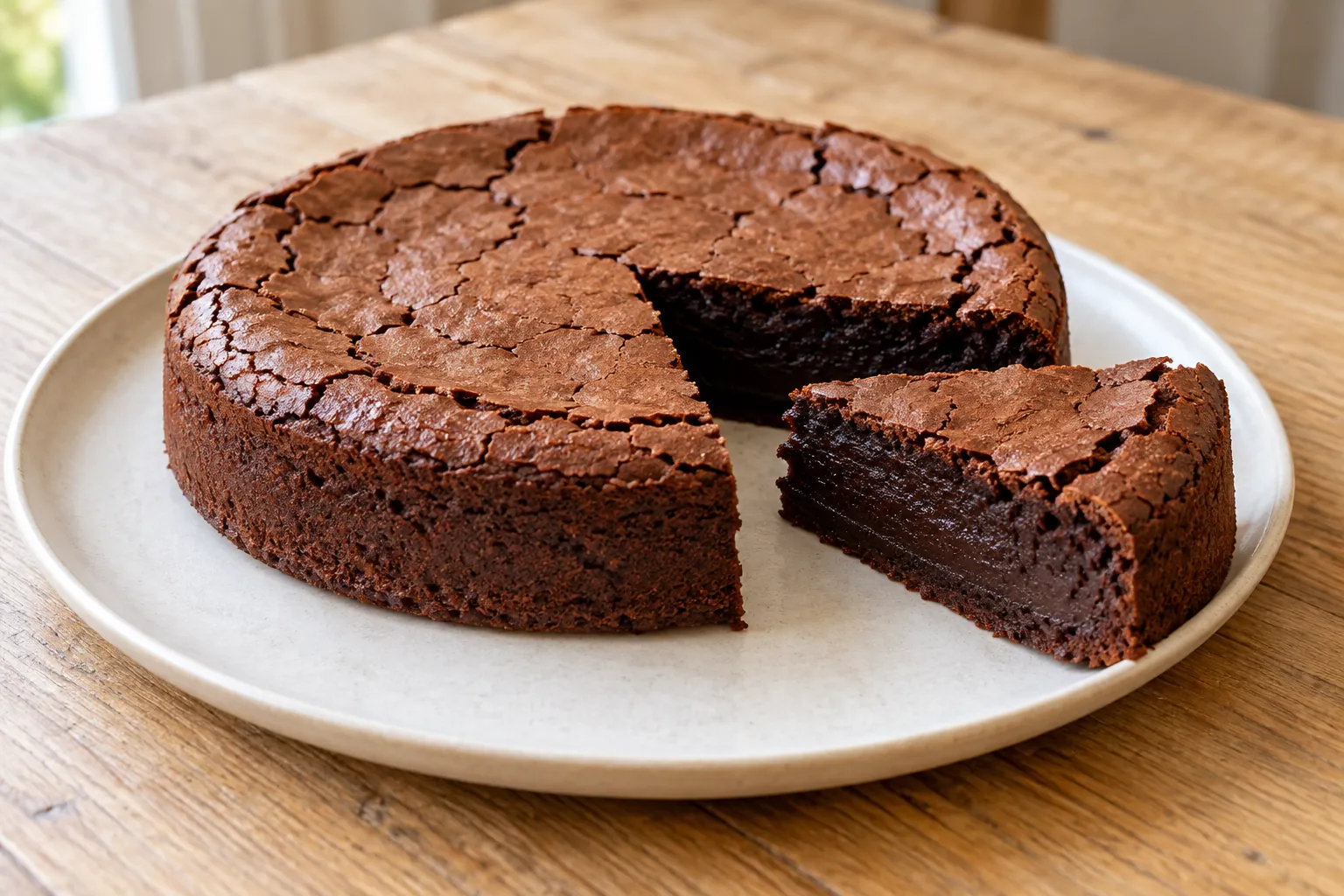 Gâteau chocolat sans farine maison, une part coupée montrant la texture intérieure