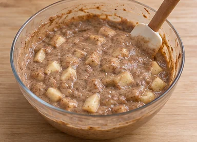 Gâteau au sarrasin et aux pommes : terminer la pâte et répartir les pommes — Petits dés répartis dans une pâte brune.