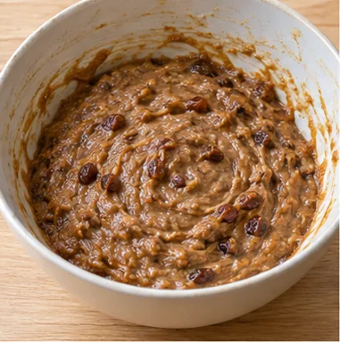 Gâteau aux dattes : assembler la pâte aux dattes — Pâte brune régulière, dattes réparties.