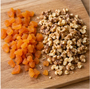 Gâteau aux fruits secs : tailler les abricots et les noix — Abricots en petits dés et noix sans coque.