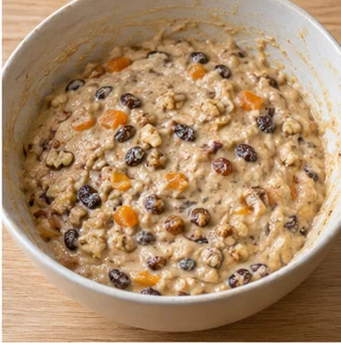 Gâteau aux fruits secs : incorporer les poudres et les fruits secs — Fruits secs et noix répartis dans la pâte.