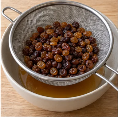 Gâteau aux fruits secs : réhydrater les raisins secs — Raisins souples et bien égouttés.