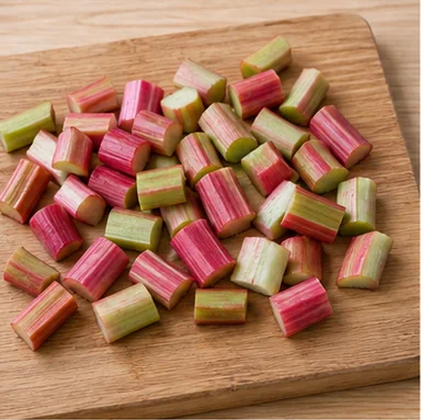 Gâteau à la rhubarbe : préparer et peser les fruits — 350 g de fruits préparés, sans excès d’eau.
