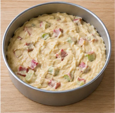 Gâteau à la rhubarbe : incorporer les fruits et remplir le moule — Fruits répartis dans la pâte.