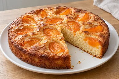 Gâteau aux abricots maison, une part coupée montrant la texture intérieure
