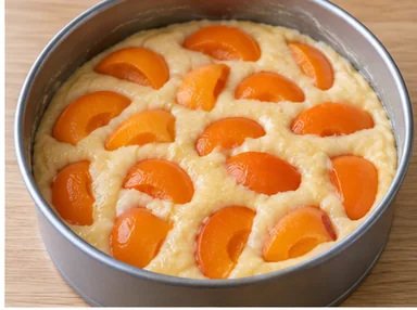 Gâteau aux abricots : répartir la pâte et les fruits — Fruits répartis en une couche dans la pâte.