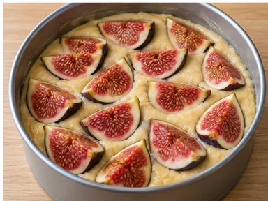 Gâteau aux figues : répartir la pâte et les fruits — Fruits répartis en une couche dans la pâte.