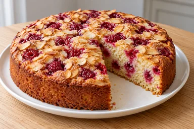 Gâteau aux framboises maison, une part coupée montrant la texture intérieure