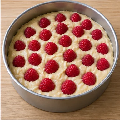 Gâteau aux framboises : répartir la pâte et les fruits — Fruits répartis en une couche dans la pâte.