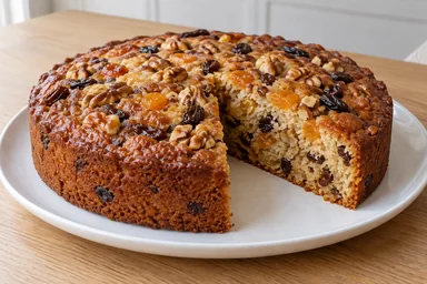 Gâteau aux fruits secs maison, une part coupée montrant la texture intérieure