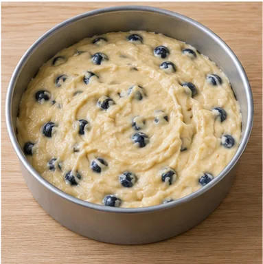 Gâteau aux myrtilles : incorporer les fruits et remplir le moule — Fruits répartis dans la pâte.