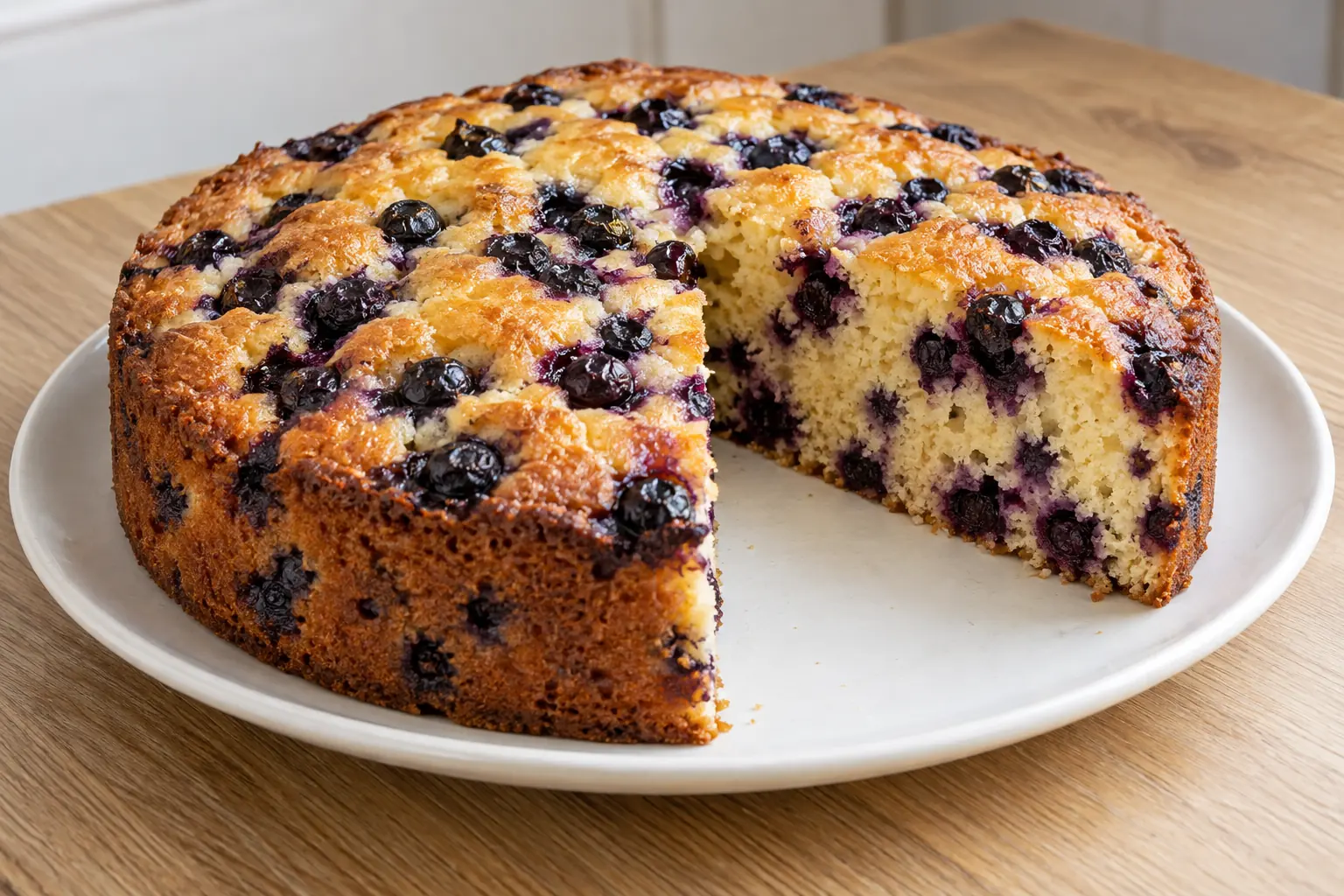 Gâteau aux myrtilles maison, une part coupée montrant la texture intérieure