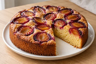 Gâteau aux prunes maison, une part coupée montrant la texture intérieure