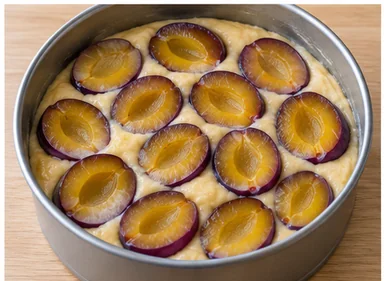 Gâteau aux prunes : répartir la pâte et les fruits — Fruits répartis en une couche dans la pâte.