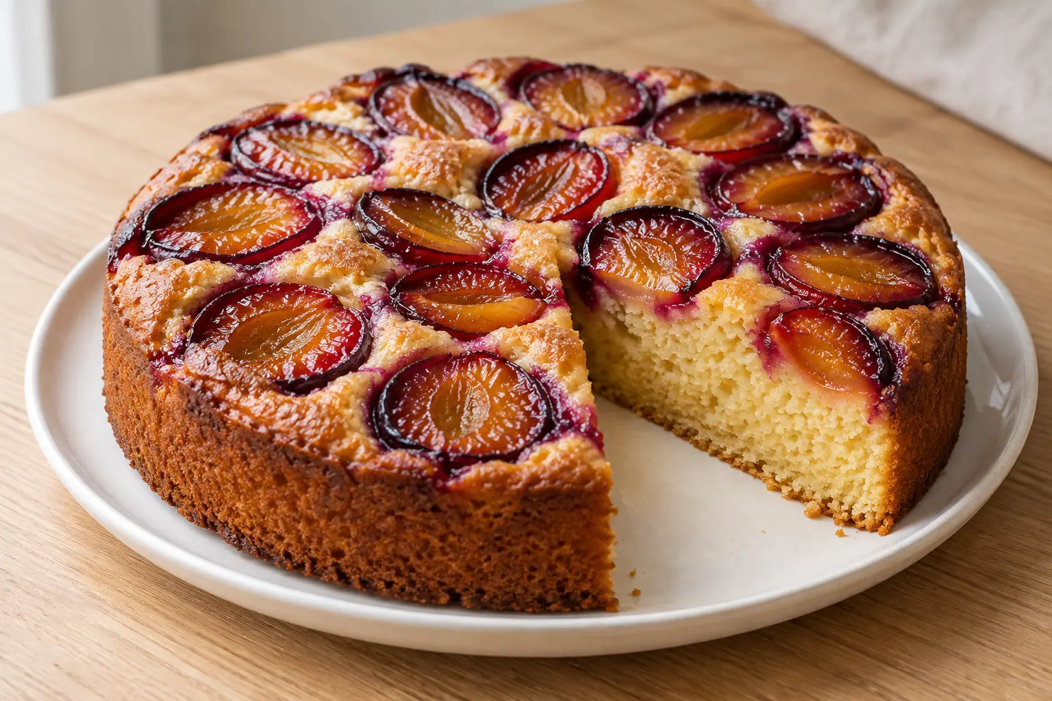 Gâteau aux prunes maison, une part coupée montrant la texture intérieure