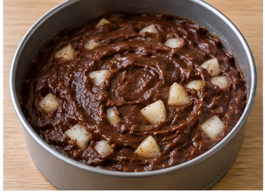 Gâteau aux poires et chocolat : incorporer les poires — Dés de poires répartis dans la pâte.