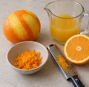 Prélever le zeste puis presser l’orange : 3 g de zeste et 80 ml de jus sans pépins.