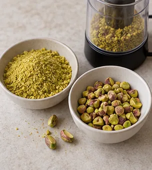 Moudre et concasser les pistaches : 90 g de poudre et 30 g de morceaux de pistache.