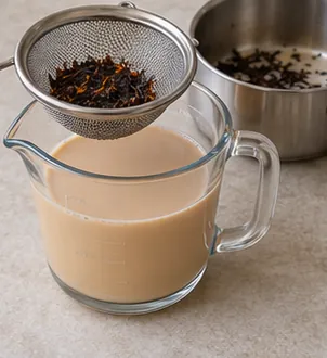 Filtrer et ajuster le lait parfumé : 100 ml de lait filtré, sans feuilles, à température ambiante.