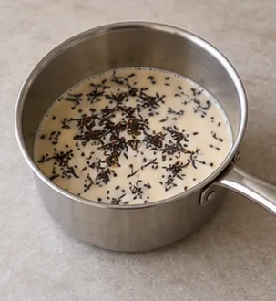 Infuser le thé dans le lait : Lait infusé dix minutes, sans forte ébullition.