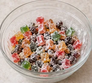 Préparer les fruits confits : Petits morceaux enrobés d’une fine couche de farine.