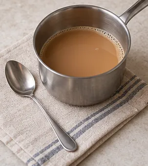 Dissoudre le café dans le lait : Lait au café homogène, revenu à température ambiante.
