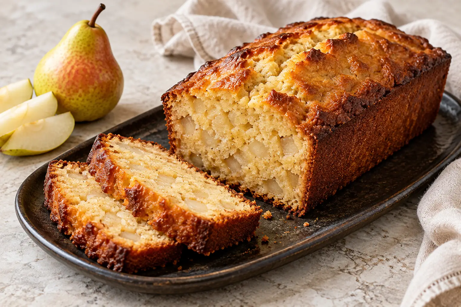Cake aux poires et gingembre maison, cake rectangulaire et tranches montrant la mie