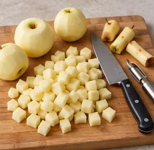 Éplucher et couper les pommes : 250 g de petits dés de pommes.