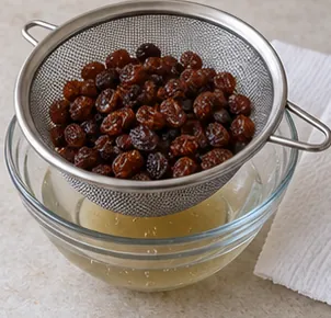 Réhydrater et sécher les raisins : Raisins gonflés puis secs en surface.