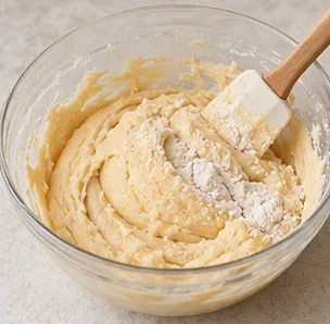 Incorporer les poudres sans trop travailler : Pâte épaisse et souple, sans farine sèche.