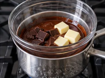 Faire fondre le chocolat et le beurre : Chocolat lisse et tiède, non brûlant.