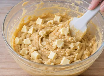 Incorporer les poudres puis le chocolat : Pâte blonde épaisse, morceaux répartis.