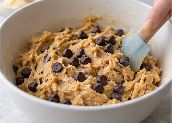 Terminer la pâte cookie : Pâte cookie épaisse, pépites réparties.