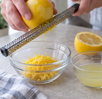 Préparer le citron : 3 g de zeste jaune et 20 ml de jus filtré.