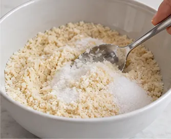 Réunir les amandes et le sucre : Amandes et sucre mélangés, enrobage séparé.
