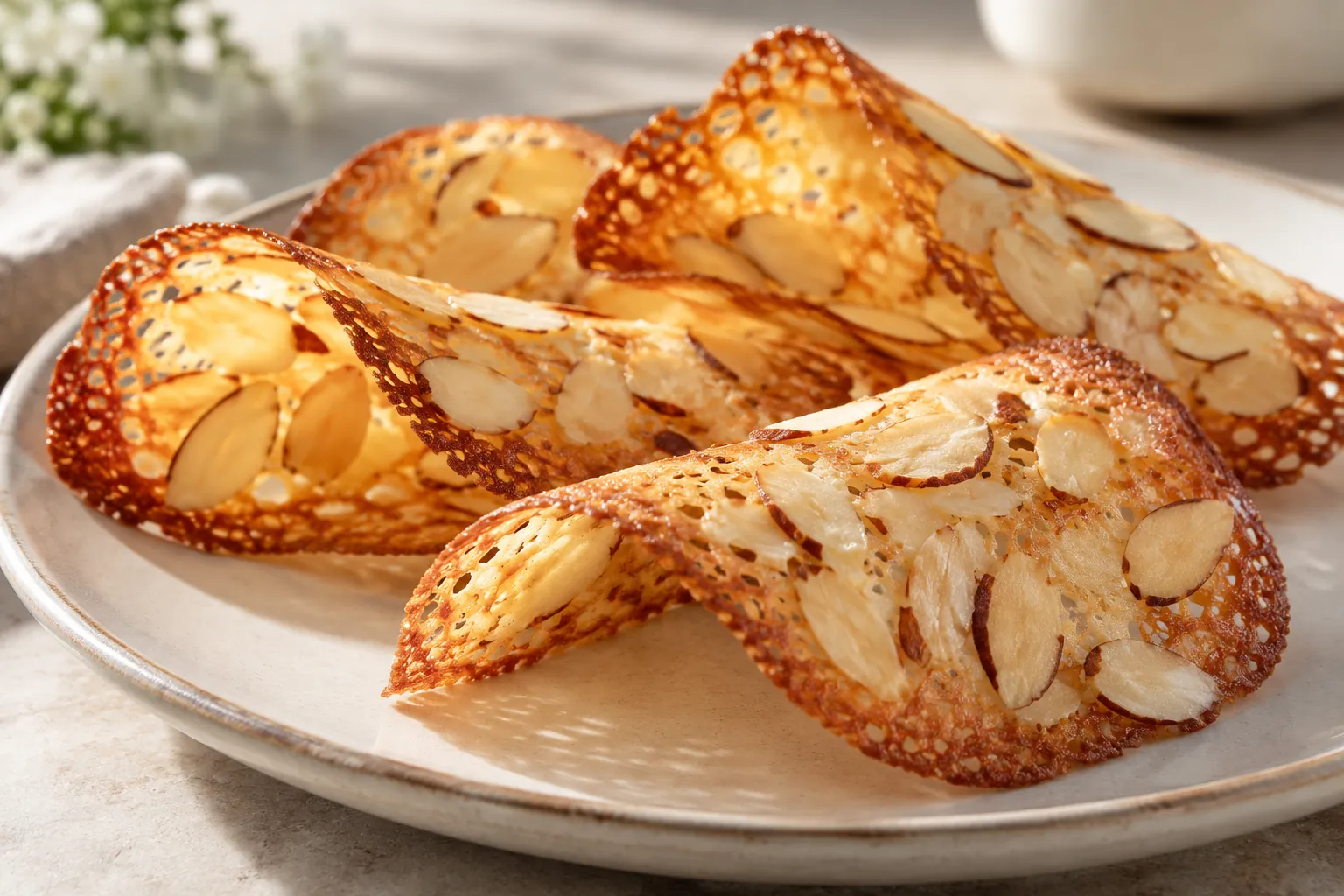 Tuiles aux amandes maison, forme et texture visibles