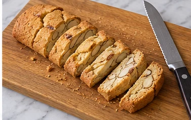 Découper en biais : Tranches régulières, amandes visibles.
