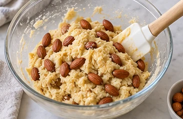 Incorporer les amandes : Amandes réparties dans la pâte.
