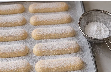 Saupoudrer le sucre glace : Fine couche blanche uniforme.