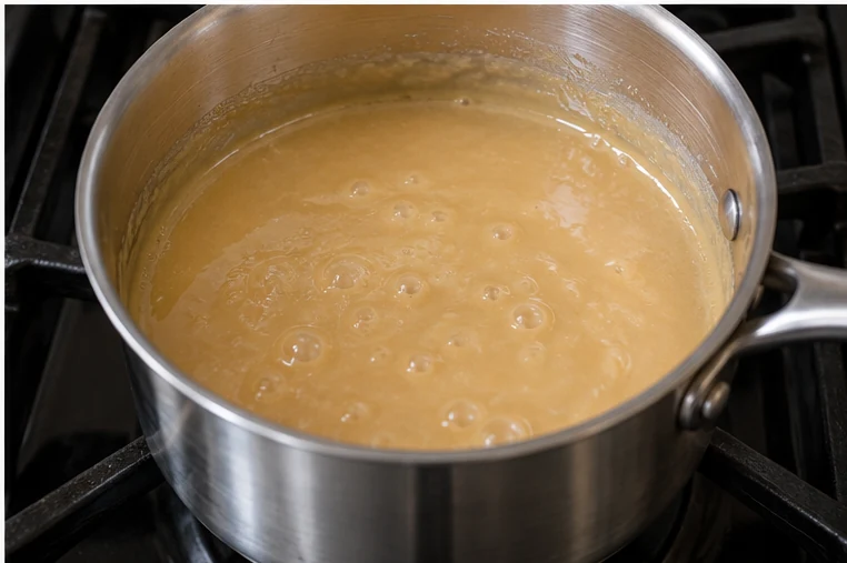Chauffer crème, miel, sucre et beurre : Beurre fondu, petites bulles régulières.