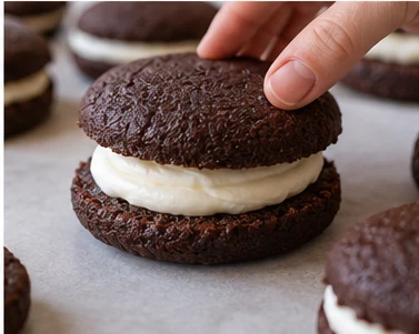 Assembler les whoopies : Garniture régulière entre deux disques.