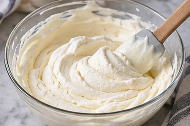 Incorporer les blancs restants : Crème mousseuse qui tient sur la spatule.