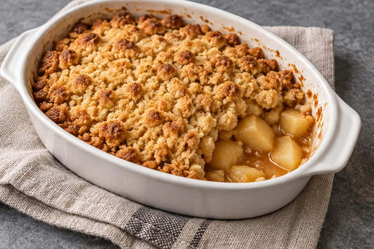 Crumble aux pommes maison, avec la texture et la présentation visibles