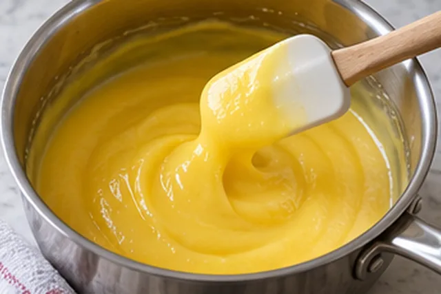 Cuire la crème citron : Crème épaisse, premiers bouillons.