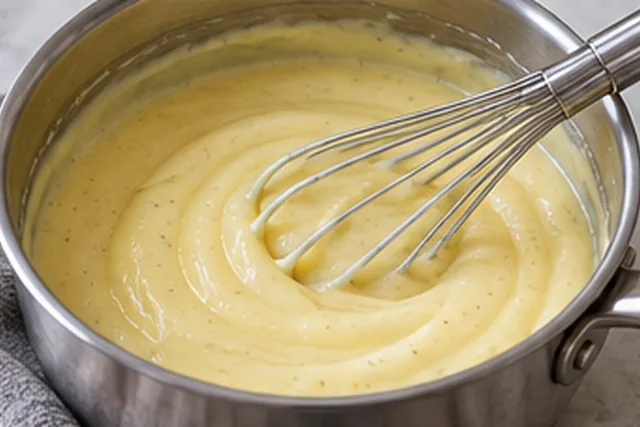 Cuire la crème pâtissière : Crème épaisse, lisse et brillante.
