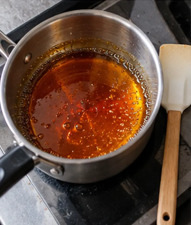 Faire fondre le sucre à sec : Caramel ambré, sans sucre blanc restant.