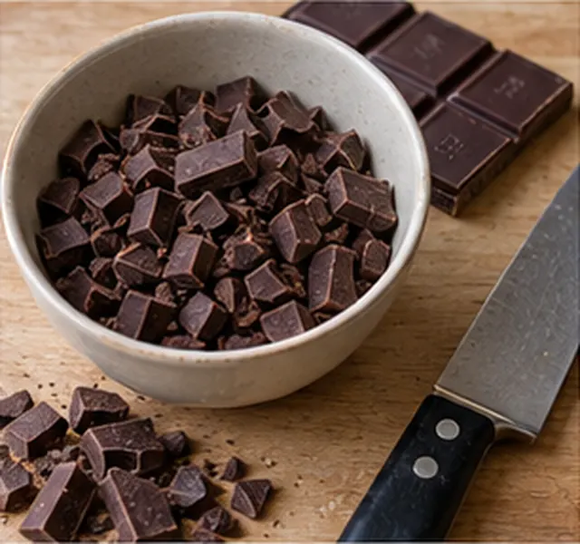 Hacher le chocolat : Petits morceaux de chocolat, bol sans eau.